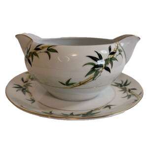 Kent Bali Hai China Gravy Boat/Attached Underplate Bamboo On Rim, Cream Rim VTG